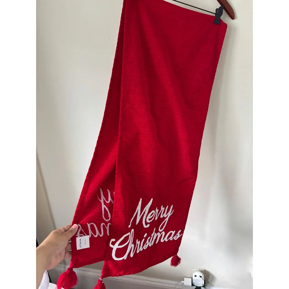 At Home Red Merry Christmas Table Runner Embroidered Tassels Holiday Decor 72in